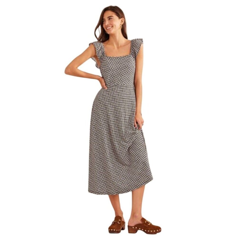 Boden Frill Detail Jersey Midi Dress 8 Petite Brown Houndstooth